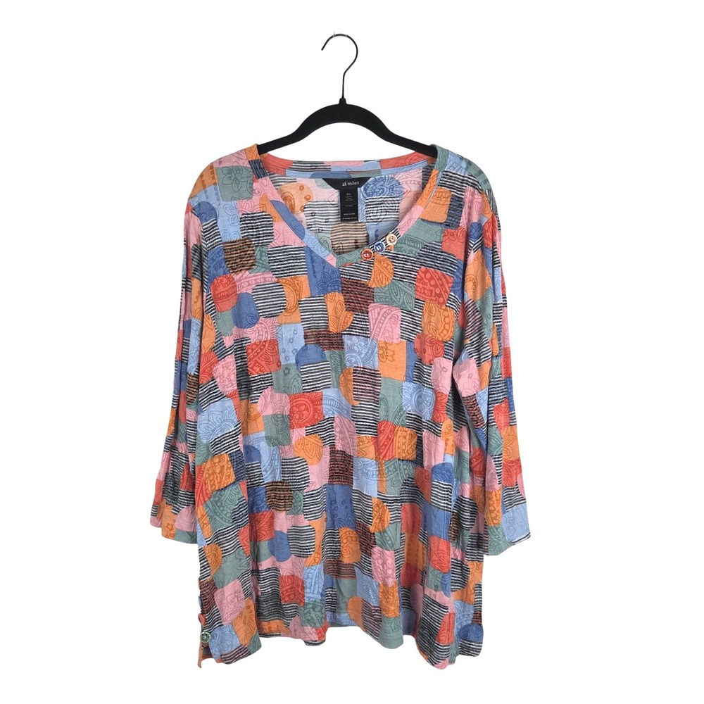 Ali Miles Multicolor Patchwork 3/4 Sleeve Top Petite XL Boho Artsy Colorful